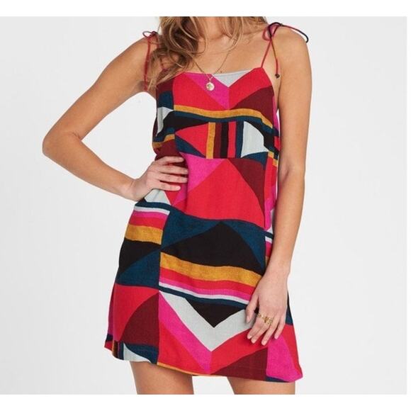 Billabong Dress Women's Medium Night Out Printed Mini Pink Spaghetti Straps - Picture 1 of 7